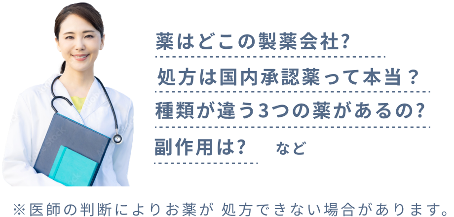 薬はどこの製薬会社?処方は国内承認薬って本当？種類が違う3つの薬があるの?副作用は?など※医師の判断によりお薬が 処方できない場合があります。
